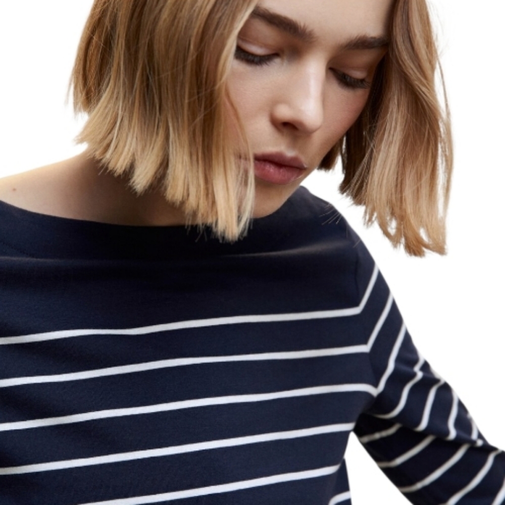 NWT MANGO Navy And White Striped Boat Neck 3/4 Sleeve Top